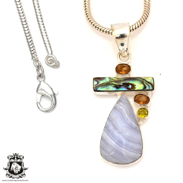 Blue Lace Agate Abalone Pendant 4mm Snake Chain P7170