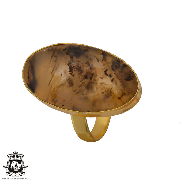 Size 8.5 - Size 10 Adjustable Scenic Agate 24K Gold Plated Ring GPR625