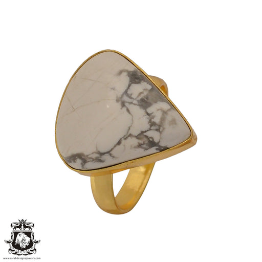 Size 10.5 - Size 12 Ring Howlite White Buffalo Turquoise 24K Gold Plated Ring GPR639