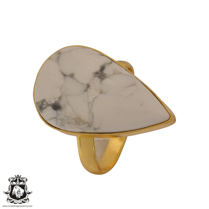 Size 10.5 - Size 12 Adjustable Howlite White Buffalo Turquoise 24K Gold Plated Ring GPR640