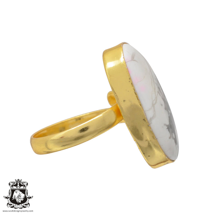 Size 10.5 - Size 12 Adjustable Howlite White Buffalo Turquoise 24K Gold Plated Ring GPR642