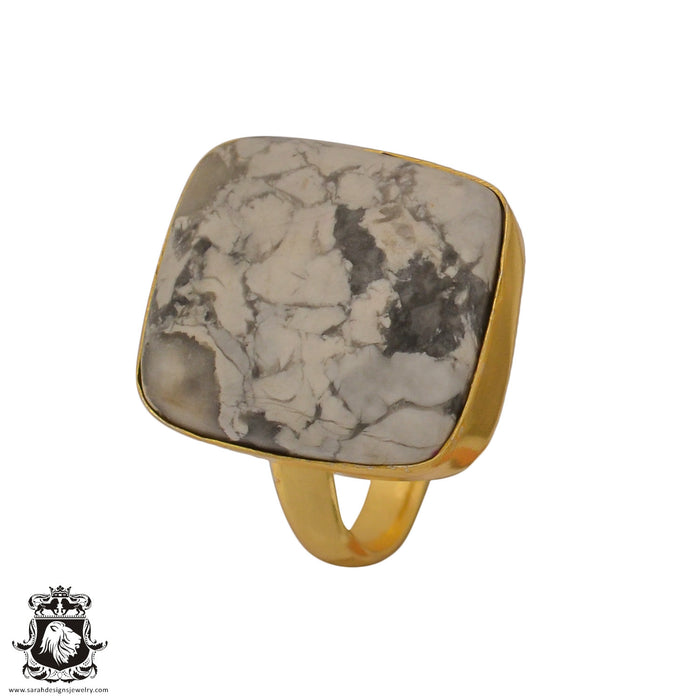 Size 8.5 - Size 10 Adjustable Howlite White Buffalo Turquoise 24K Gold Plated Ring GPR643