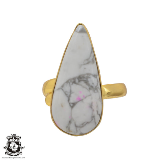 Size 10.5 - Size 12 Ring Howlite White Buffalo Turquoise 24K Gold Plated Ring GPR644