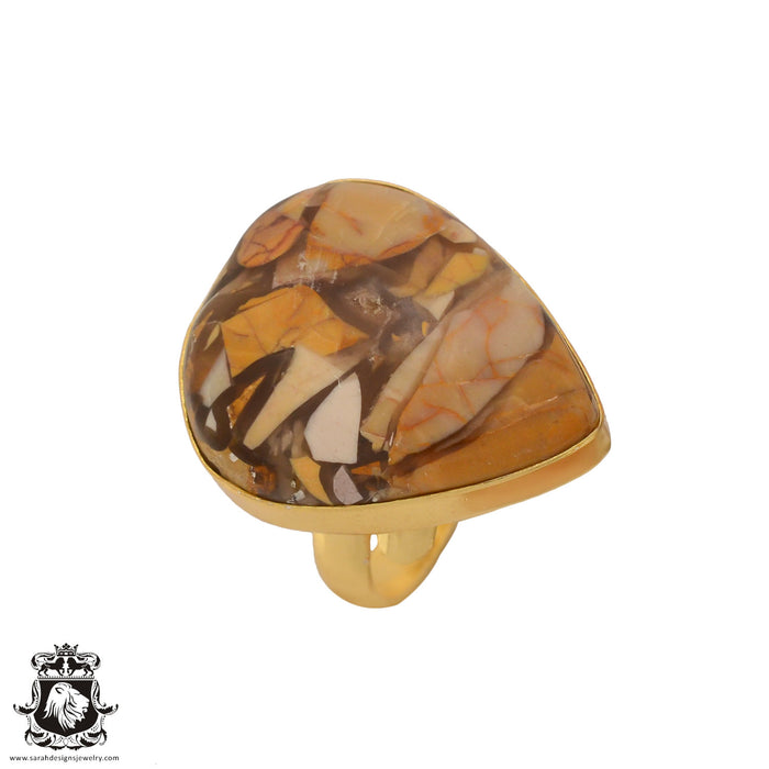 Size 8.5 - Size 10 Adjustable Brecciated Mookaite 24K Gold Plated Ring GPR699