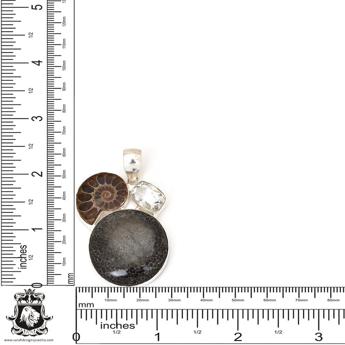 Stingray Coral Fossil Ammonite Pendant 4mm Snake Chain P7262