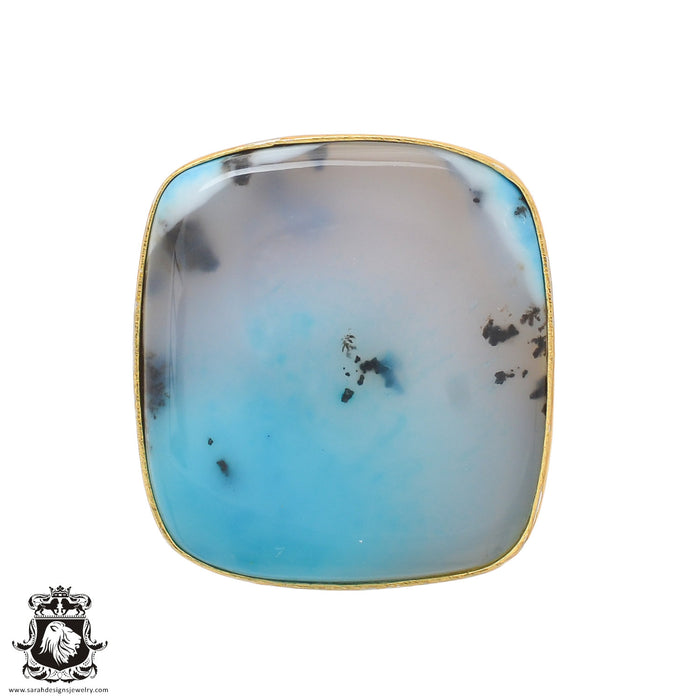 Size 7.5 - Size 9 Ring Blue Dendritic Opal Merlinite 24K Gold Plated Ring GPR752