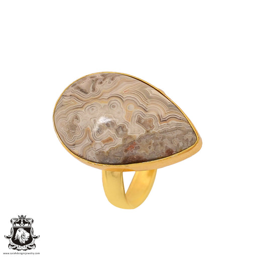 Size 9.5 - Size 11 Adjustable Crazy Lace Agate 24K Gold Plated Ring GPR862
