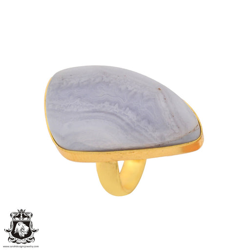 Size 7.5 - Size 9 Adjustable Blue Lace Agate 24K Gold Plated Ring GPR926