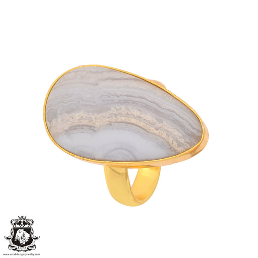 Size 8.5 - Size 10 Adjustable Blue Lace Agate 24K Gold Plated Ring GPR927