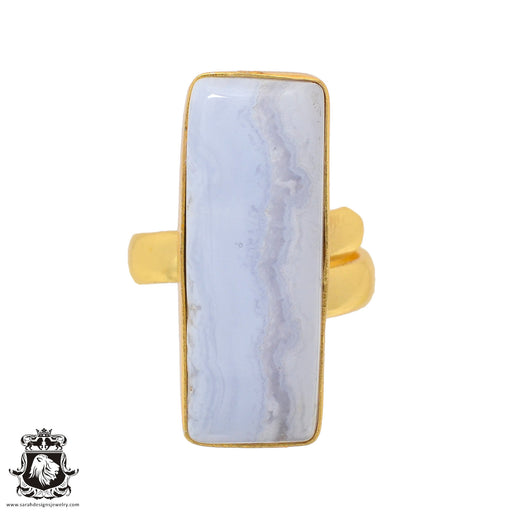 Size 6.5 - Size 8 Adjustable Blue Lace Agate 24K Gold Plated Ring GPR929