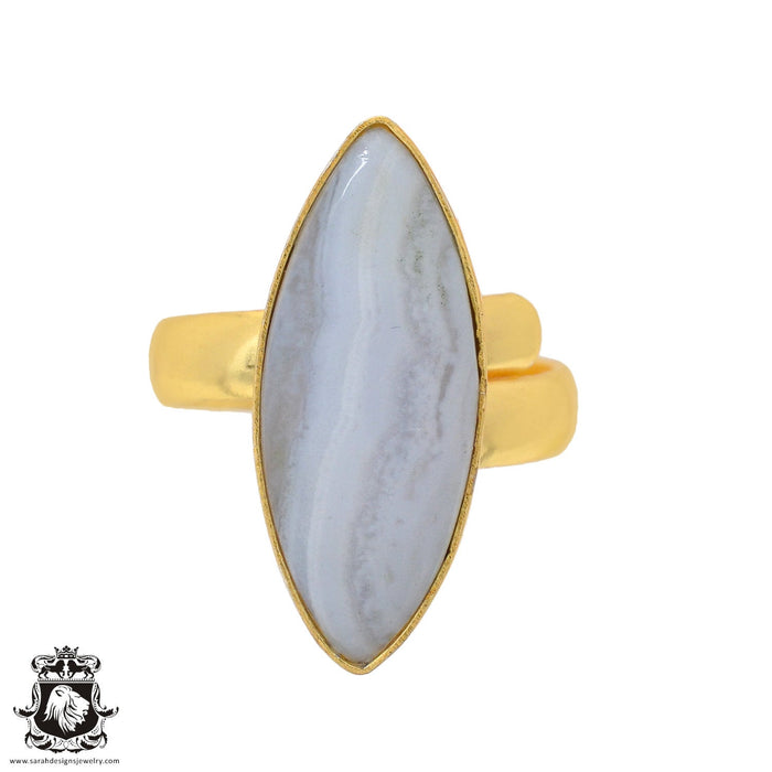 Size 7.5 - Size 9 Adjustable Blue Lace Agate 24K Gold Plated Ring GPR931