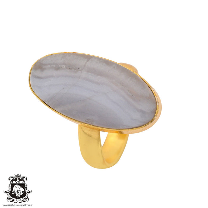 Size 6.5 - Size 8 Adjustable Blue Lace Agate 24K Gold Plated Ring GPR933