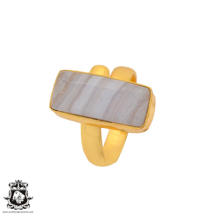 Size 7.5 - Size 9 Ring Blue Lace Agate 24K Gold Plated Ring GPR934