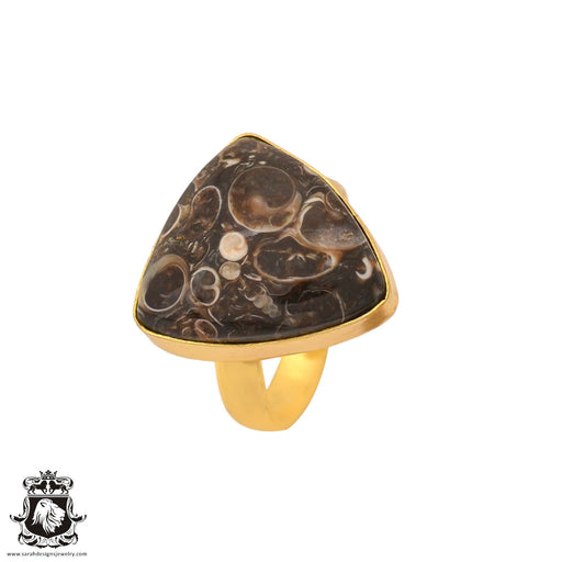 Size 9.5 - Size 11 Ring Turritella Agate Fossil 24K Gold Plated Ring GPR1022