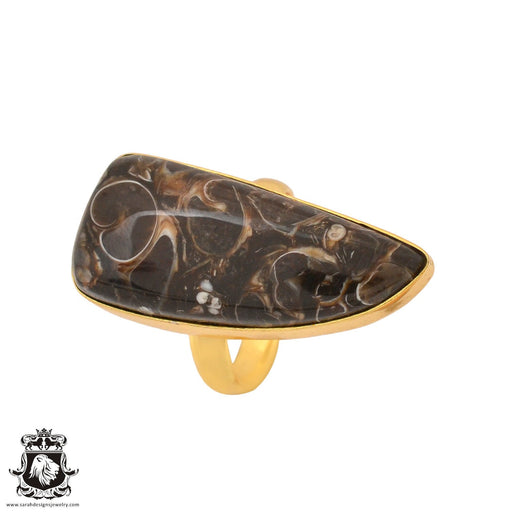 Size 8.5 - Size 10 Adjustable Turritella Agate Fossil 24K Gold Plated Ring GPR1023