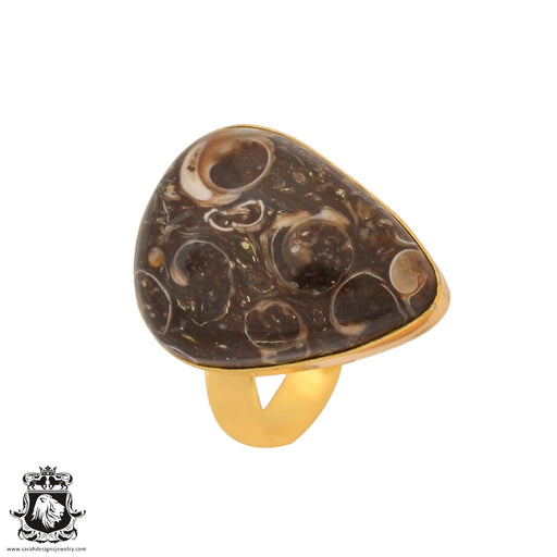 Size 9.5 - Size 11 Ring Turritella Agate Fossil 24K Gold Plated Ring GPR1026