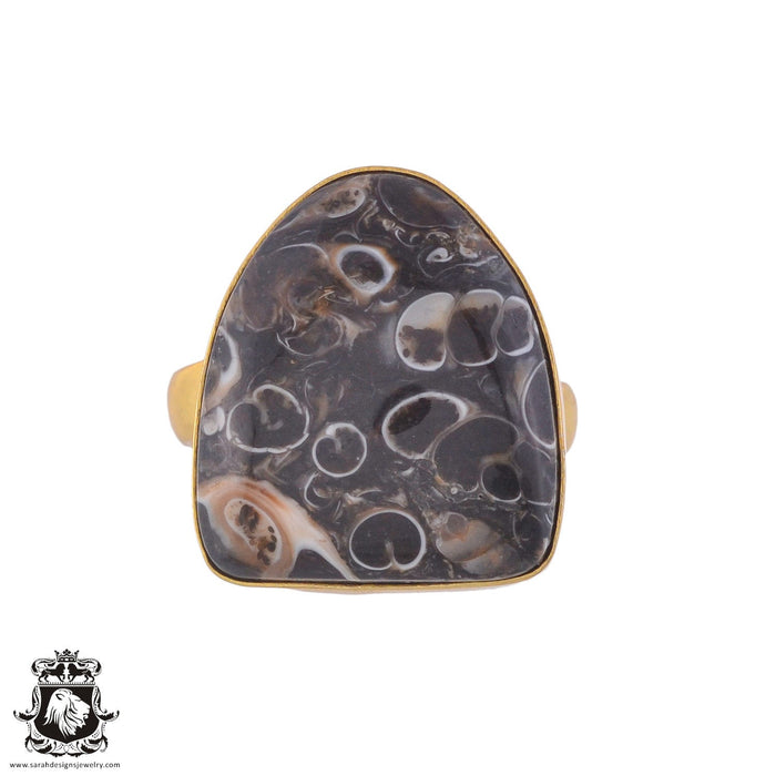 Size 9.5 - Size 11 Ring Turritella Agate Fossil 24K Gold Plated Ring GPR1027