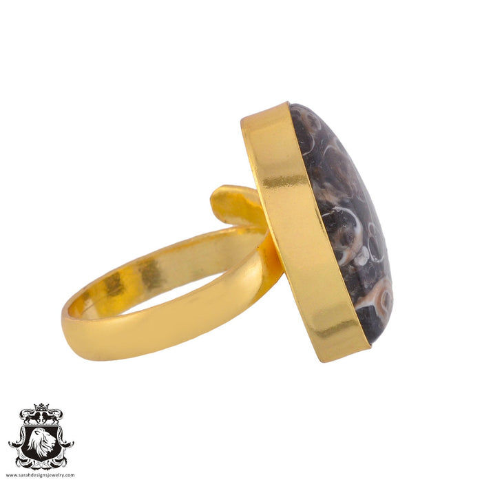 Size 9.5 - Size 11 Ring Turritella Agate Fossil 24K Gold Plated Ring GPR1027