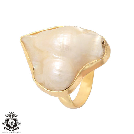 Size 10.5 - Size 12 Adjustable Mabé Blister Pearl 24K Gold Plated Ring GPR960