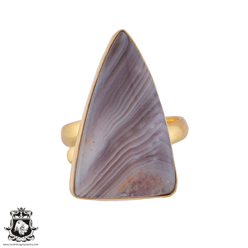 Size 10.5 - Size 12 Ring Banded Agate 24K Gold Plated Ring GPR976