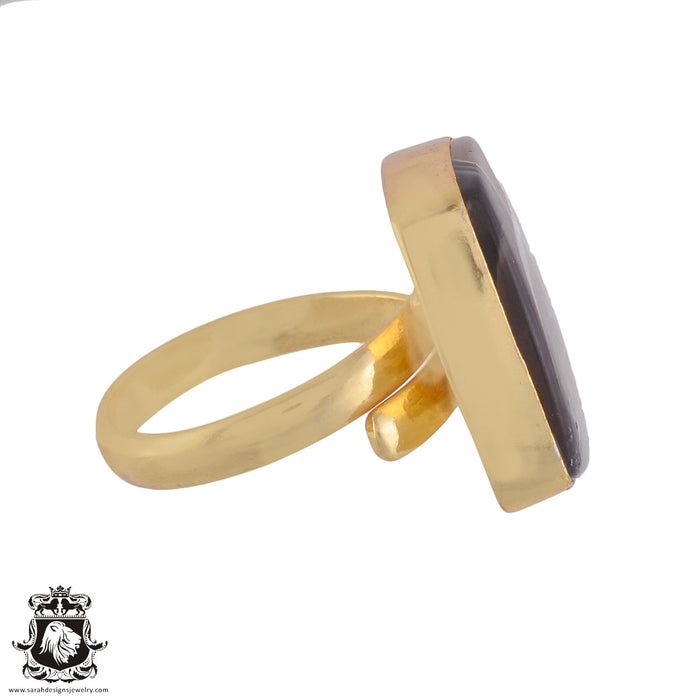 Size 10.5 - Size 12 Ring Banded Agate 24K Gold Plated Ring GPR983