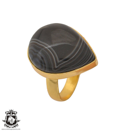 Size 9.5 - Size 11 Ring Banded Agate 24K Gold Plated Ring GPR1052