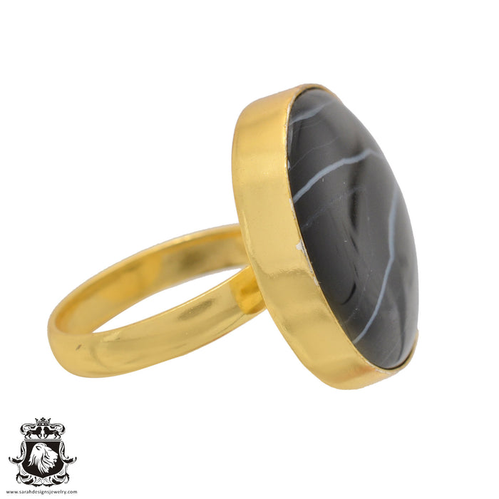 Size 10.5 - Size 12 Adjustable Banded Agate 24K Gold Plated Ring GPR1053