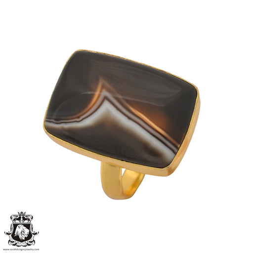 Size 9.5 - Size 11 Ring Banded Agate 24K Gold Plated Ring GPR1055