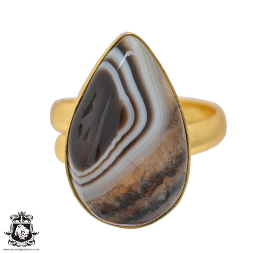 Size 8.5 - Size 10 Adjustable Banded Agate 24K Gold Plated Ring GPR1057