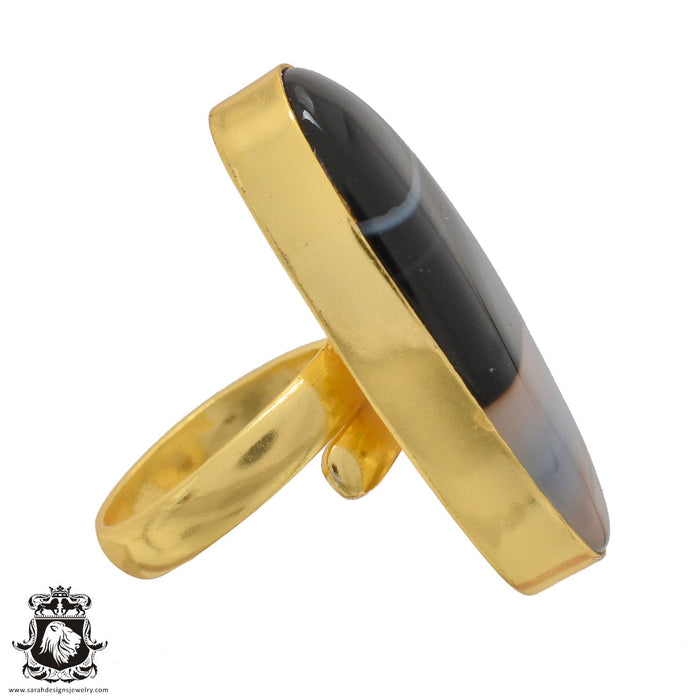 Size 6.5 - Size 8 Adjustable Banded Agate 24K Gold Plated Ring GPR1066