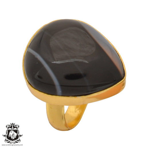 Size 8.5 - Size 10 Ring Banded Agate 24K Gold Plated Ring GPR1070
