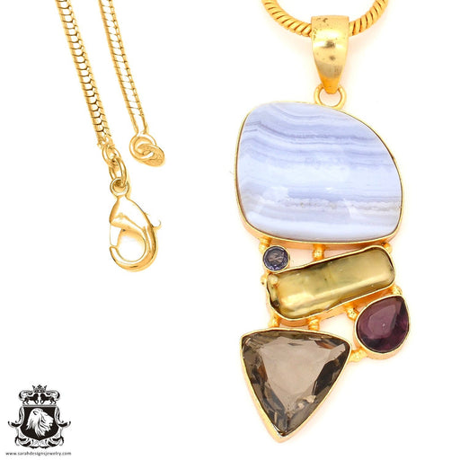 Blue Lace Agate 24K Gold Plated Pendant 4mm Snake Chain GP66