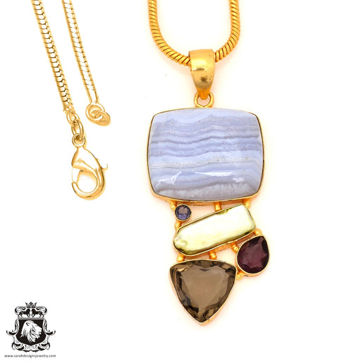 Blue Lace Agate 24K Gold Plated Pendant 4mm Snake Chain GP78
