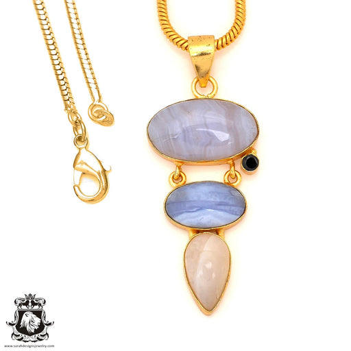Blue Lace Agate 24K Gold Plated Pendant 4mm Snake Chain GP85