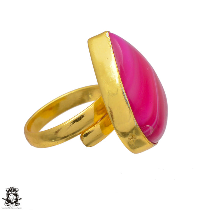 Size 8.5 - Size 10 Ring Pink Banded Agate  24K Gold Plated Ring GPR2