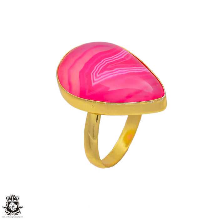 Size 10.5 - Size 12 Ring Pink Banded Agate 24K Gold Plated Ring GPR8