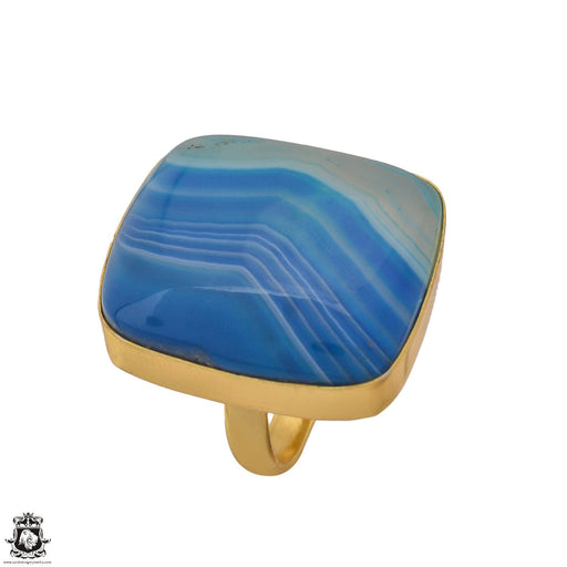 Size 7.5 - Size 9 Adjustable Blue Banded Agate 24K Gold Plated Ring GPR1167