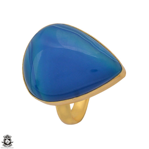 Size 8.5 - Size 10 Ring Blue Banded Agate 24K Gold Plated Ring GPR1170
