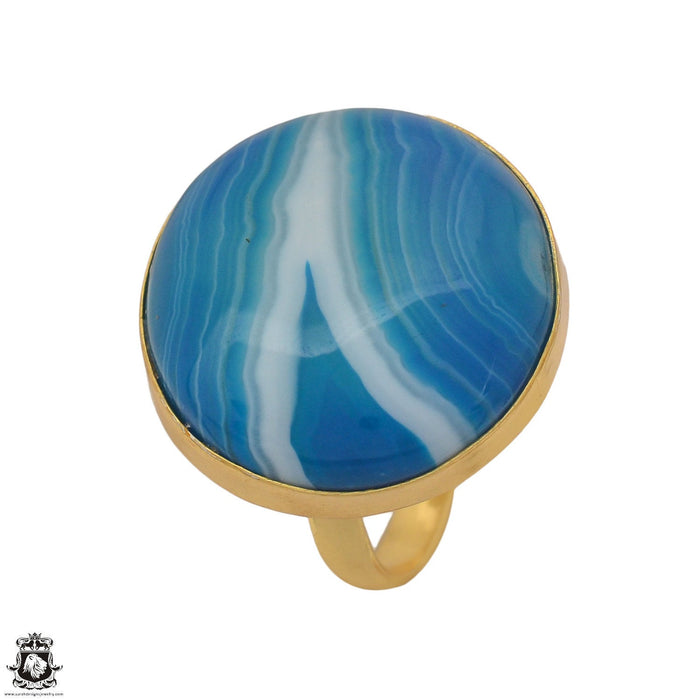 Size 8.5 - Size 10 Ring Blue Banded Agate 24K Gold Plated Ring GPR1178