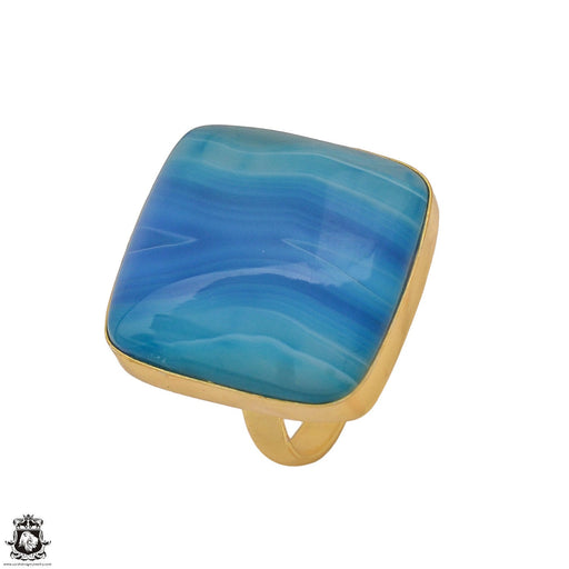 Size 10.5 - Size 12 Ring Blue Banded Agate 24K Gold Plated Ring GPR1182
