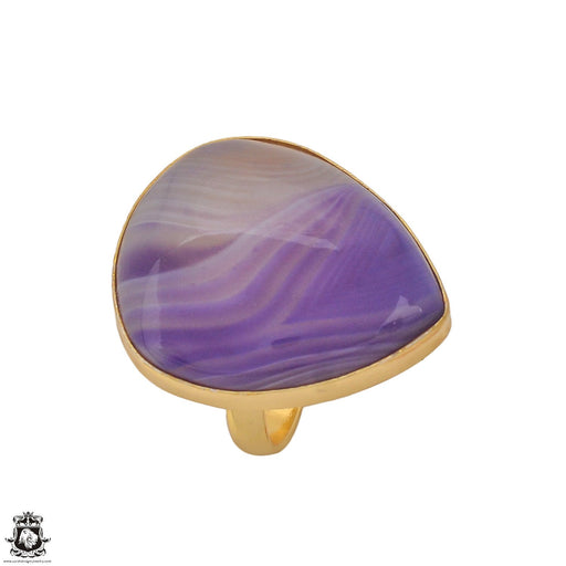 Size 9.5 - Size 11 Ring Purple Banded Agate 24K Gold Plated Ring GPR1185