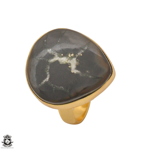 Size 8.5 - Size 10 Ring Septarian Nodule 24K Gold Plated Ring GPR1235