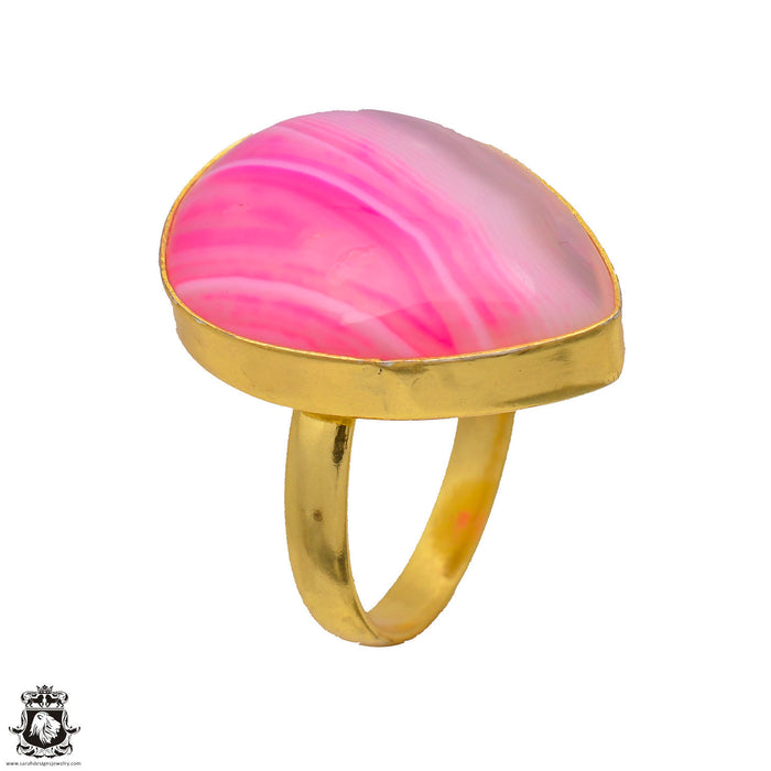 Size 8.5 - Size 10 Ring Pink Banded Agate 24K Gold Plated Ring GPR3