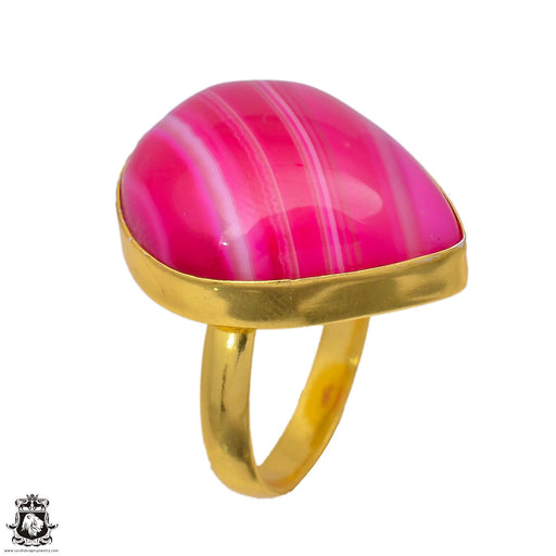 Size 8.5 - Size 10 Ring Pink Banded Agate  24K Gold Plated Ring GPR2
