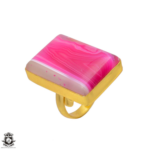 Size 8.5 - Size 10 Ring Pink Banded Agate 24K Gold Plated Ring GPR12