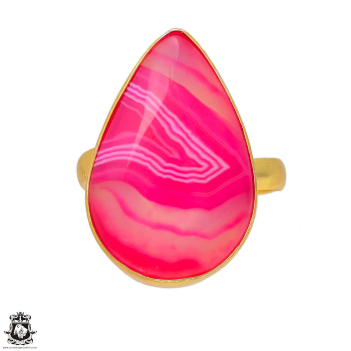 Size 10.5 - Size 12 Ring Pink Banded Agate 24K Gold Plated Ring GPR8