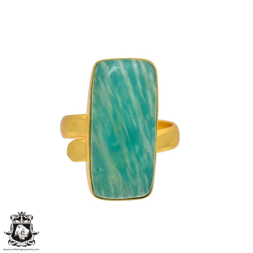 Size 9.5 - Size 11 Adjustable Amazonite 24K Gold Plated Ring GPR352