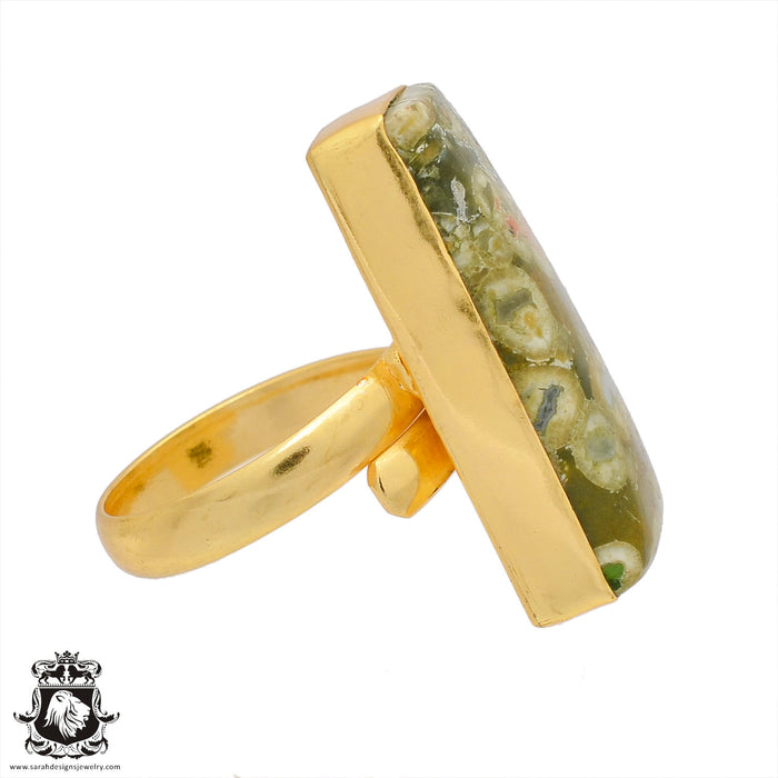 Size 8.5 - Size 10 Ring Rhyolite Rainforest Jasper 24K Gold Plated Ring GPR388
