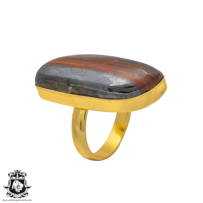 Size 9.5 - Size 11 Ring Iron Tiger's Eye 24K Gold Plated Ring GPR222