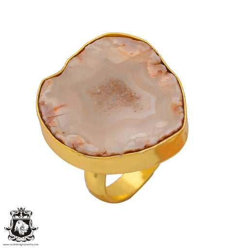 Size 9.5 - Size 11 Ring Rhodochrosite Stalactite Geode 24K Gold Plated Ring GPR257